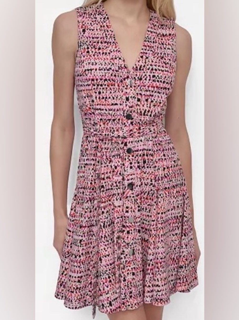 DKNY Pink Multi PrintV-Neck Button-Front Belted Mini Dress (Fit/Flare): Size 12
